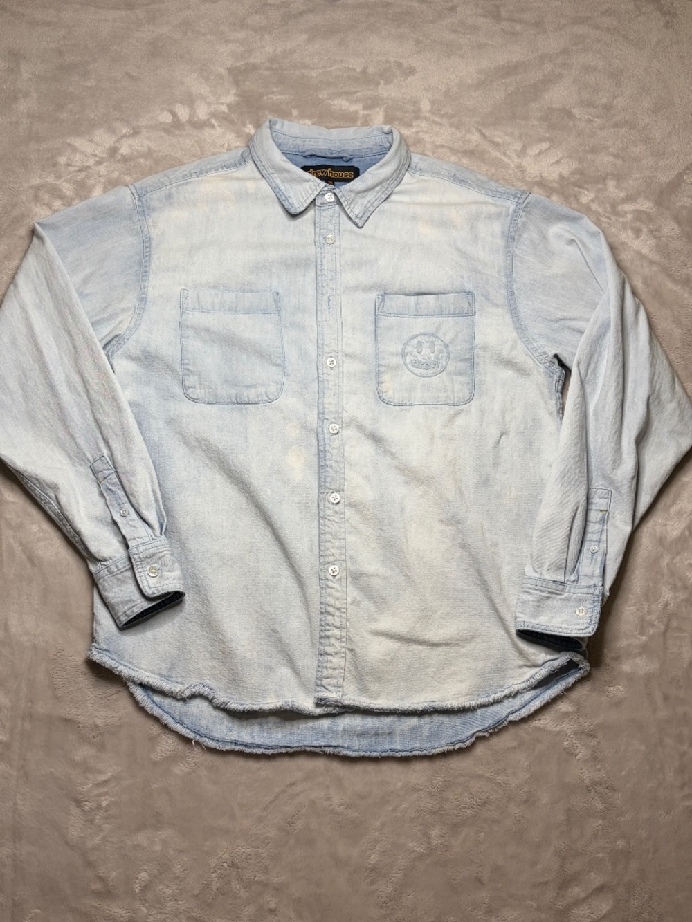 Drew House Lightweight Denim Shirt Mens XS Light Indigo Long Sleeve Smiley Face